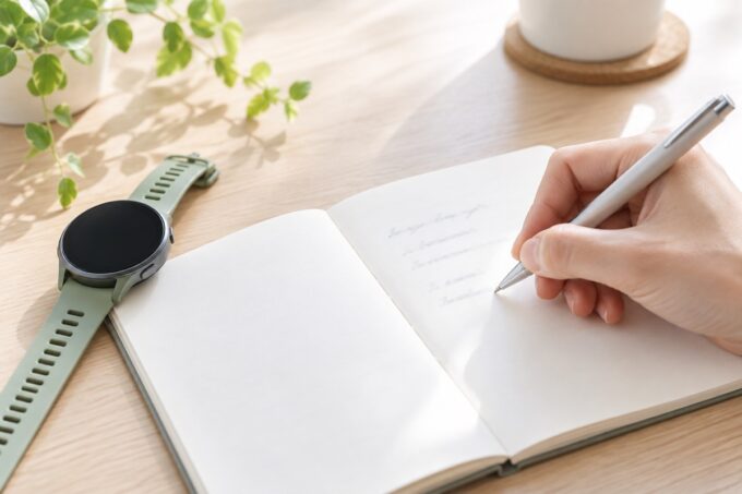 ノートにメモを書く手元と、横に置かれたランニング用の腕時計