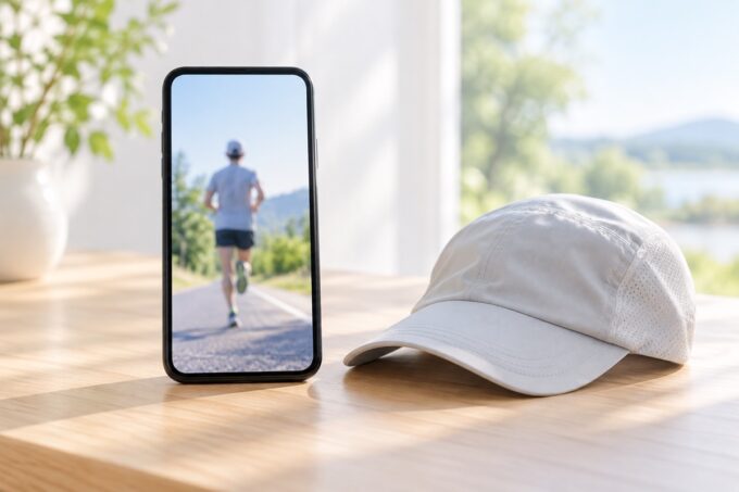 テーブルに縦向きに立てたスマートフォンと、ランニングキャップ